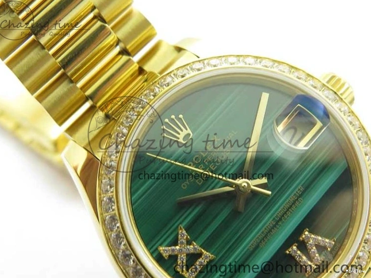 MiroTime 0408 Versatile Daydate 278288 31mm YG EWF Best Edition Green Malachite Dial Crystal Markers on YG President Bracelet ETA 2606